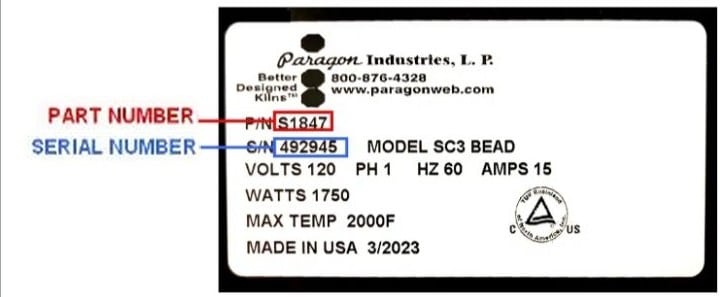 Paragon Industries Elements Search kiln Data Plate